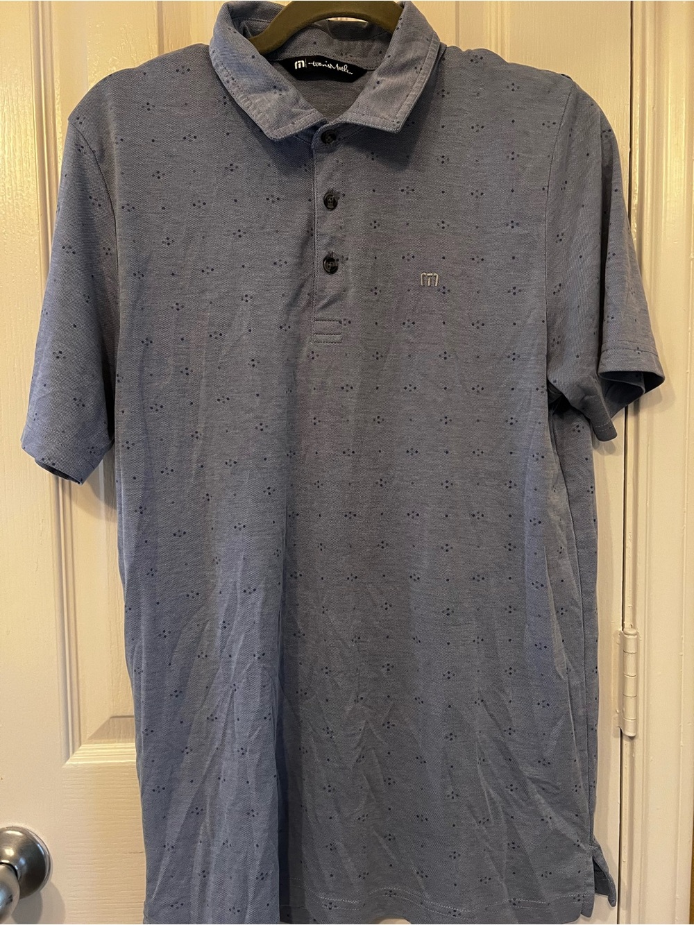 Travis Mathew Men’s Size M Blue Pima Cotton Geometric Print Golf Polo Shirt